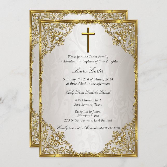 Gold Beige Pearl Damask Cross Baptism/Christening Invitation (Front/Back)