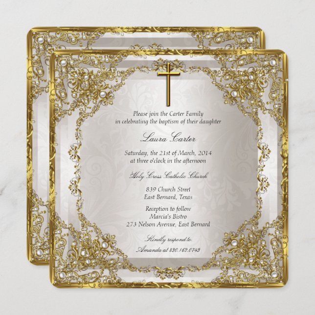 Gold Beige Pearl Damask Cross Baptism/Christening Invitation (Front/Back)