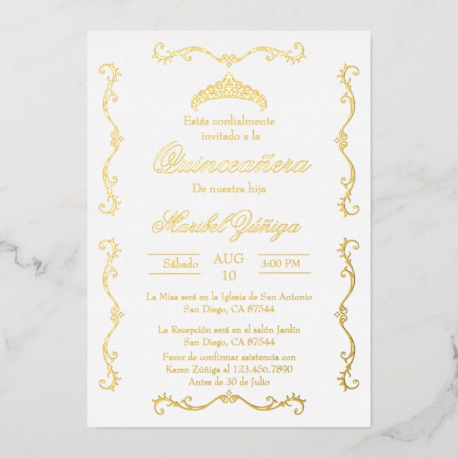 Gold beige w/wreath Quinceanera invitation Foil In (Front)