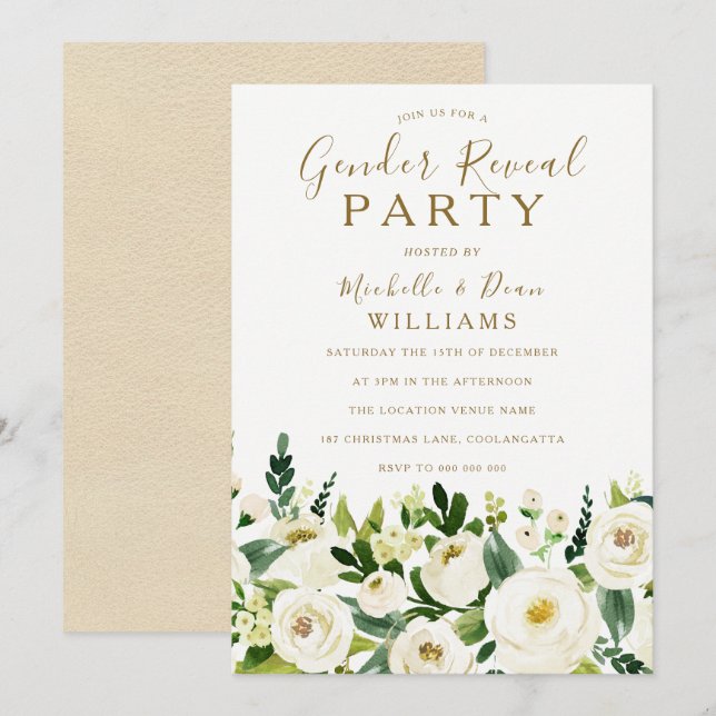 Gold Beige & White Flowers Gender Reveal Party Invitation (Front/Back)