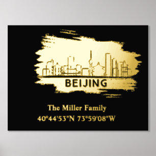 gold Beijing skyline longitude latitude Foil Prints