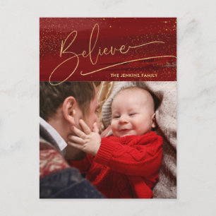 Gold Believe Calligraphy, Sparkles Photo - Red BG Holiday Postcard
