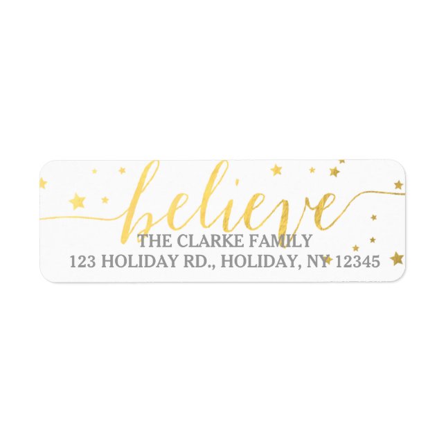 Gold Believe Handwriting Holiday Address Label (Front)