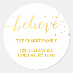 Gold Believe Handwriting Holiday Address Sticker