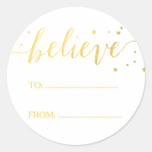 Gold Believe Handwriting   Holiday Gift Tag