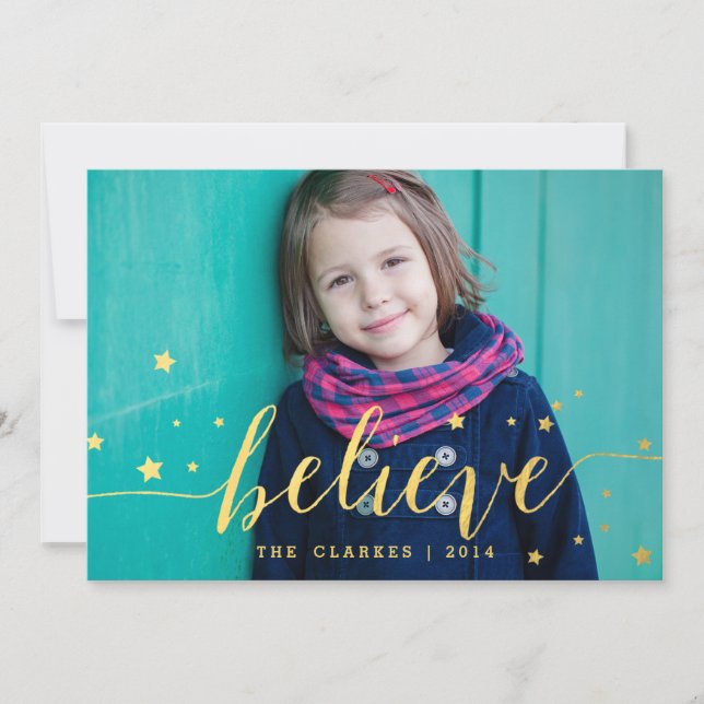 Gold Believe Handwriting | Holiday Photo Card (Front)