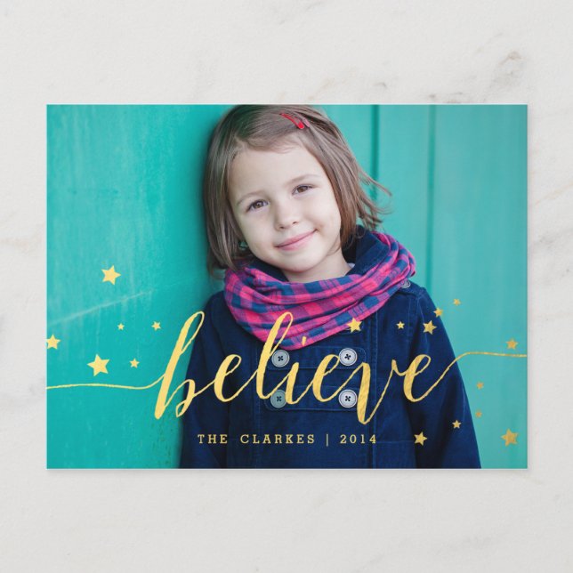 Gold Believe Handwriting | Holiday Photo Postcard (Front)