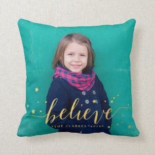 Gold Believe Stars   Holiday Photo Throw Pillow