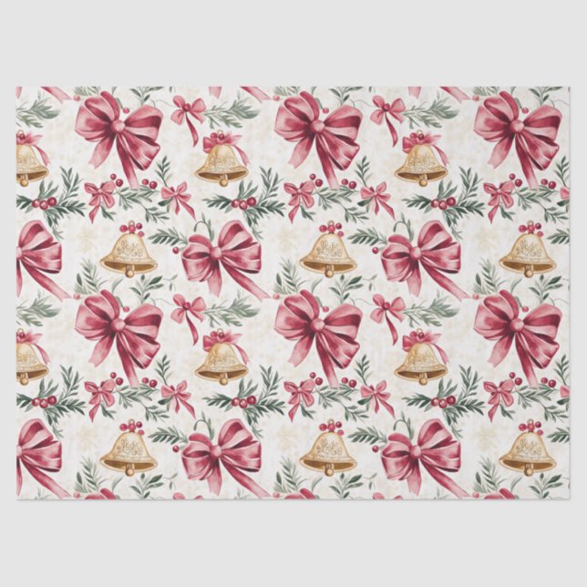 Gold Bells Pink Bows Christmas  Tissue Paper (Front)