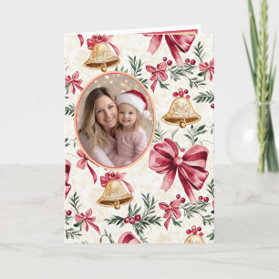Gold Bells Pink Bows Photo Christmas Card