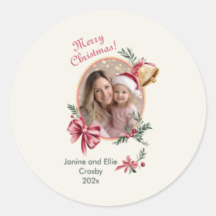 Gold Bells Pink Bows Photo Christmas Classic Round Sticker