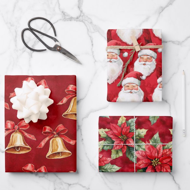 Gold Bells Santa Poinsettia Flowers Christmas Wrapping Paper Sheet (Front)