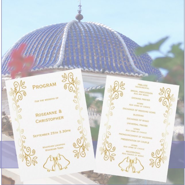 Gold Bells Scrollwork Design Wedding Programme (Gold bells scrollwork wedding church program)