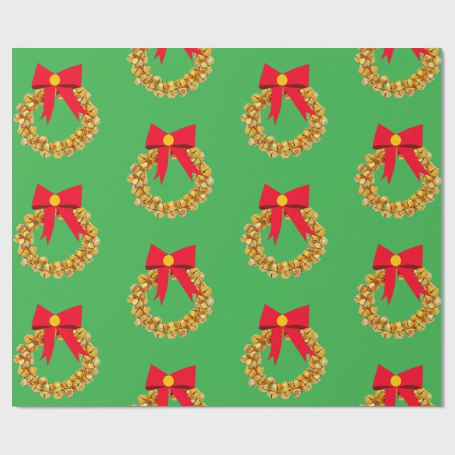 Gold Bells Wreath Green Wrapping Paper (Flat)