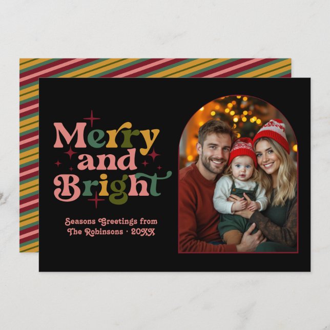 Gold Berry Blush Pine Retro Christmas Family Photo Holiday Card (Front/Back)