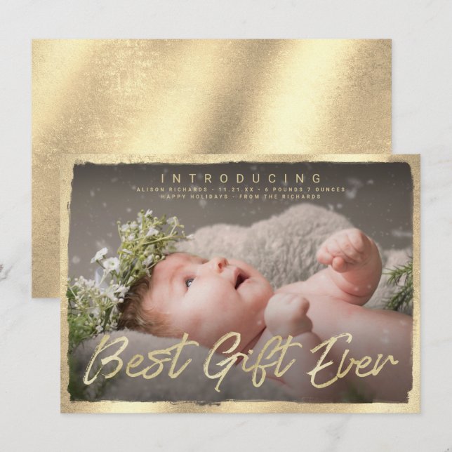Gold Best Gift Ever Baby Photo Birth Announcement (Front/Back)