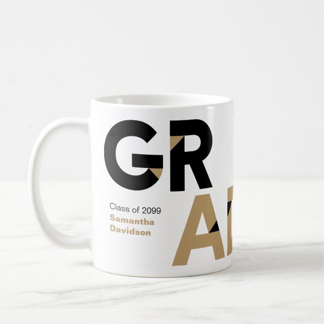 Gold Big Bold Angle-Cut Letters Graduation Coffee Mug (Left)