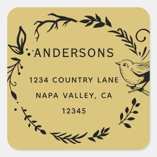 Gold Bird & Botanical Wreath Return Address  Square Sticker (Front)