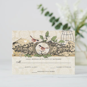 Gold Birdcage Damask Acorn Vintage Love Birds RSVP Card