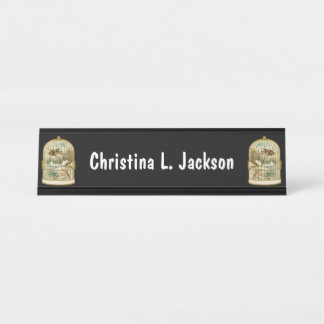 Gold Birdcages with Birds Overlooking Cabin Snow Desk Name Plate