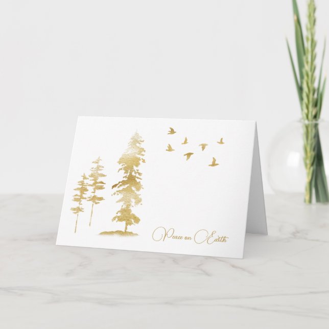 Gold Birds and Trees Winter Scene Christmas Card (Front)