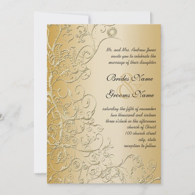 Gold Birds & Swirls Black Font Wedding Invitation (Front)