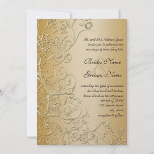 Gold Birds & Swirls Black Font Wedding Invitation