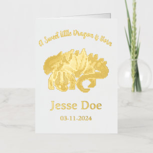 Gold birth card, boy, Dragon, pixel art. Foil Holiday Card