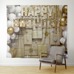 Gold Birthday Balloons Banner Backdrop Tapestry