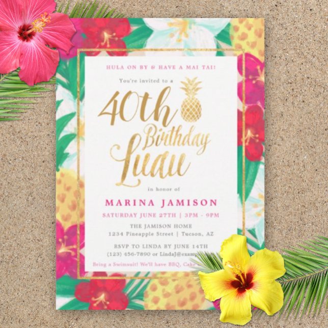 Gold Birthday Luau Party Invitations (40th Birthday Luau!  Tropical invitation sets the tone for a luscious luau party.)