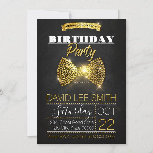 Gold Birthday Party Diamonds bow-tie Invitation (Front)