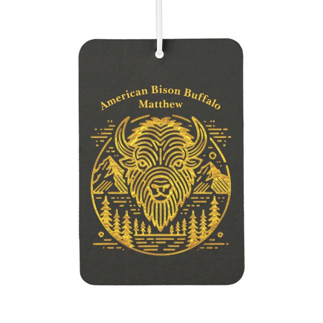Gold Bison Amid Mountains and Trees Car Air Freshener (Front)
