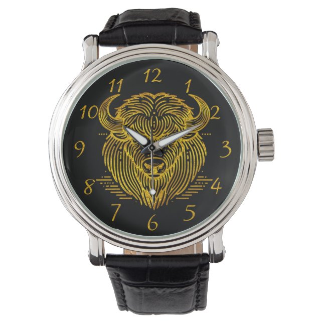 Gold Bison Buffalo Artwork With Intricate Design Watch (Front)