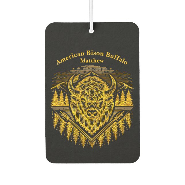 Gold Bison Head With Mountains and Trees Car Air Freshener (Front)