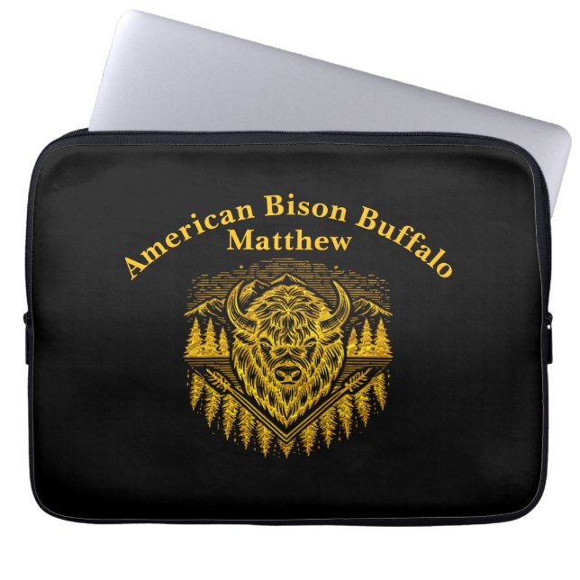 Gold Bison Head With Mountains and Trees Laptop Sleeve (Front)