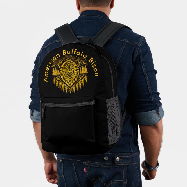 Gold Bison Head With Mountains and Trees Printed Backpack (Insitu (Model))
