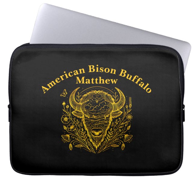 Gold Bison Illustration Surrounded by Nature Laptop Sleeve (Front)