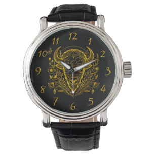 Gold Bison Illustration Surrounded by Nature Watch