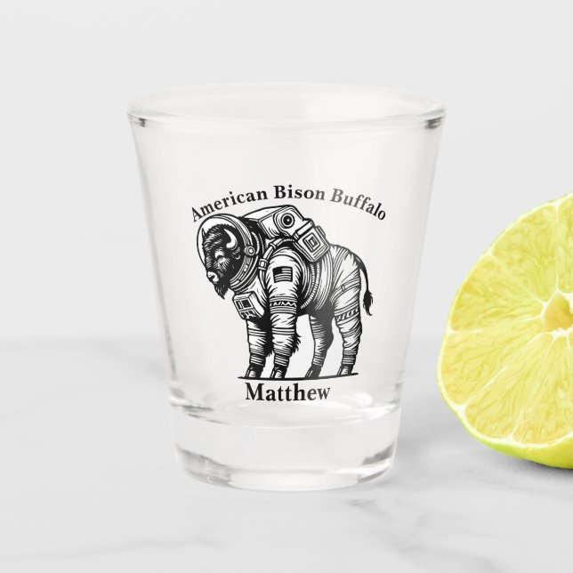 Gold Bison in Astronaut Suit Exploring Space Shot Glass (Front)