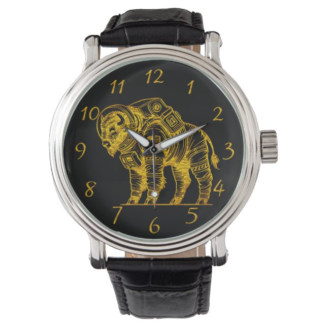 Gold Bison in Astronaut Suit Exploring Space Watch (Front)