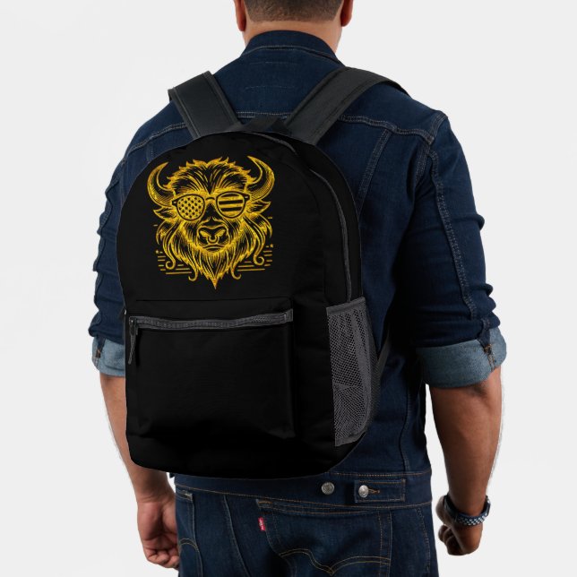 Gold Bison in Sunglasses Illustration Printed Backpack (Insitu (Model))