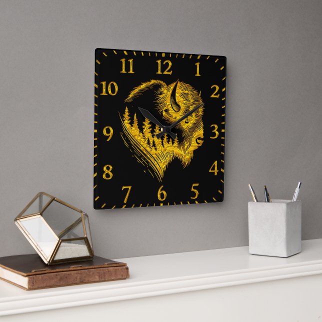 Gold Bison Portrait With Forest Silhouette Design Square Wall Clock (Office)