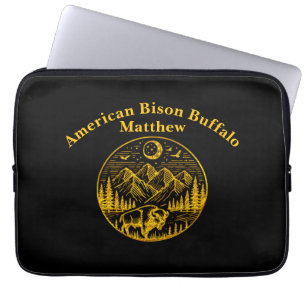 Gold Bison Roaming Under a Moonlit Mountain Sky Laptop Sleeve