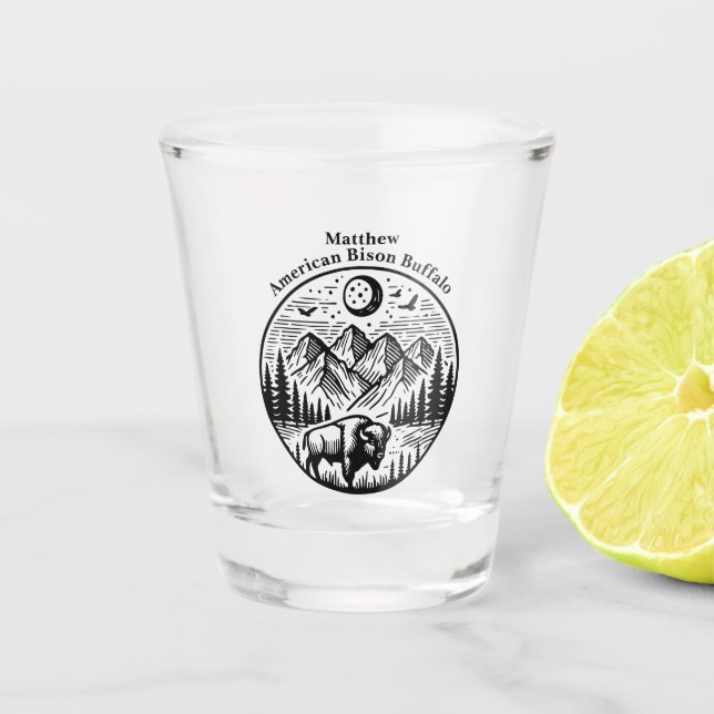 Gold Bison Roaming Under a Moonlit Mountain Sky Shot Glass (Front)