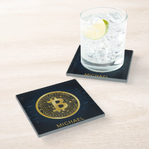 Gold Bitcoin Cryptocurrency Personalised Name Glass Coaster