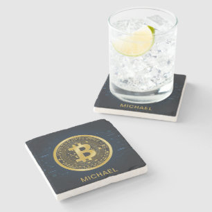 Gold Bitcoin Cryptocurrency Personalised Name Stone Coaster