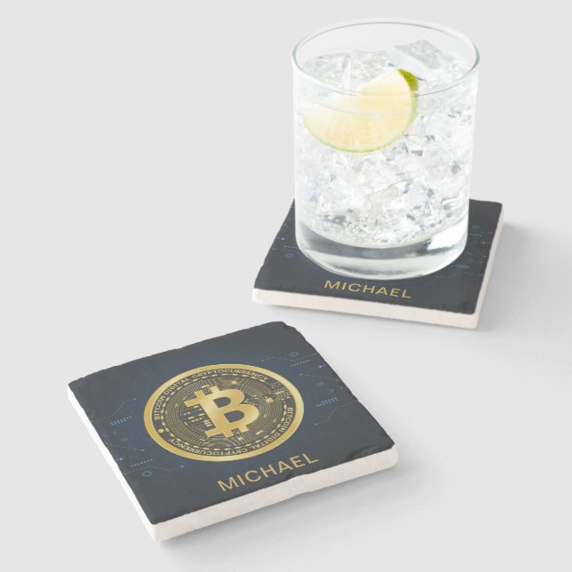 Gold Bitcoin Cryptocurrency Personalised Name Stone Coaster (Side)