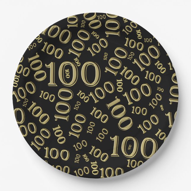 Gold/Black 100th Birthday Party Number Pattern Paper Plate (Front)