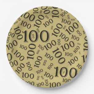 Gold/Black 100th Birthday Party Number Pattern Paper Plate