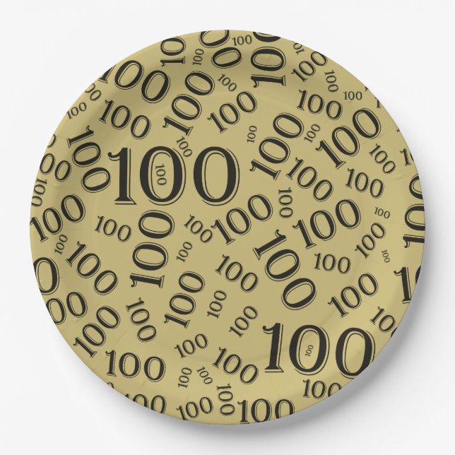 Gold/Black 100th Birthday Party Number Pattern Paper Plate (Front)